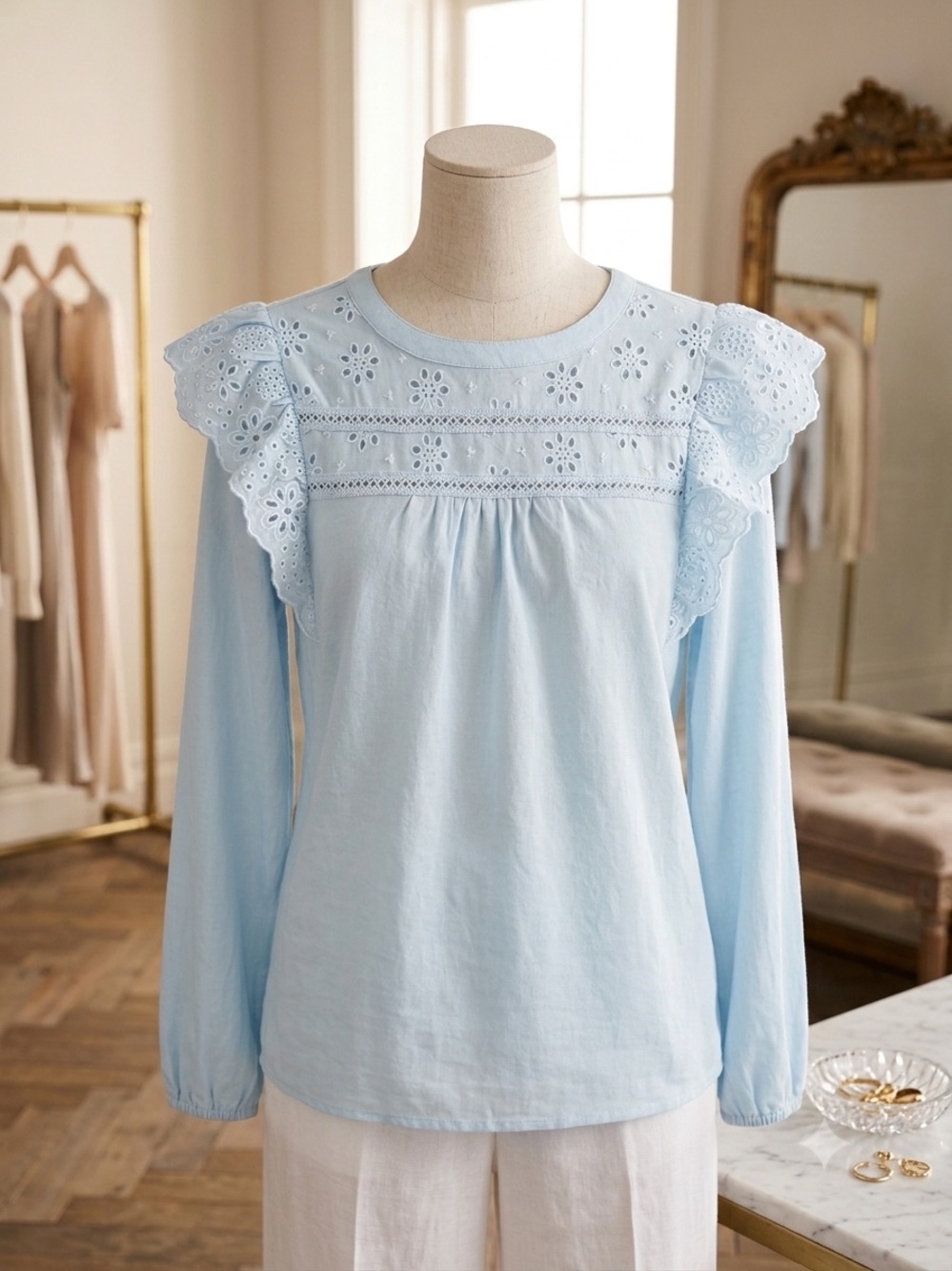 J. Crew Light Blue Eyelet Ruffle Yoke Long-Sleeve Top